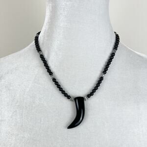 Handmade Black and Silver Tone Beaded Necklace With Horn Pendant Hand Crafted